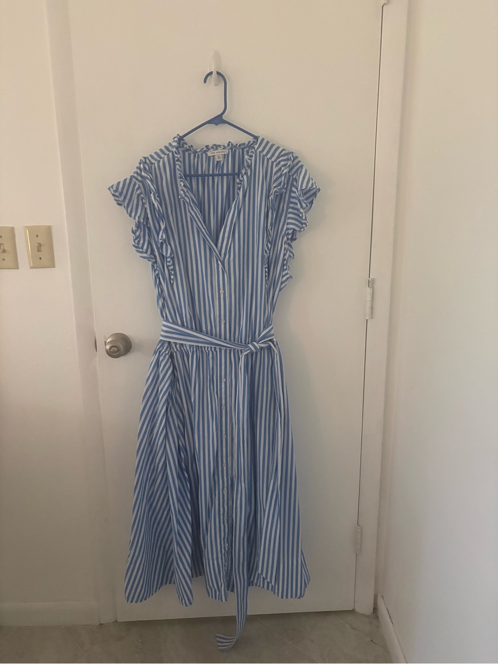 Blue and White Striped Midi Wrap Dress with Tie Waist